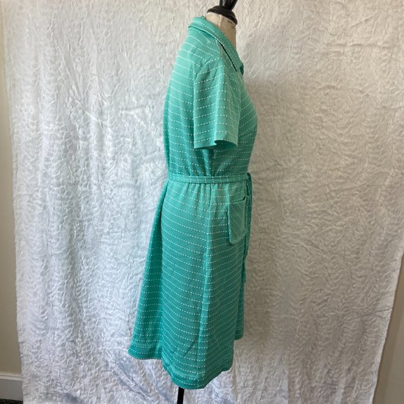 Vintage 60’s Retro Teal Polka Dot Print Abstract Belted Midi Dress Frock - Picture 6 of 14